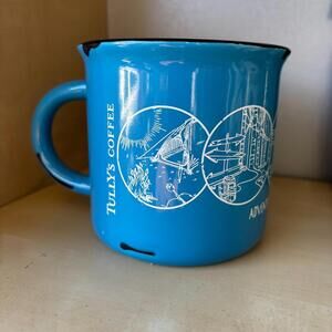 Tully's Coffee Mug "Adventuring Since 1992" Enamel Blue Mountains Camping